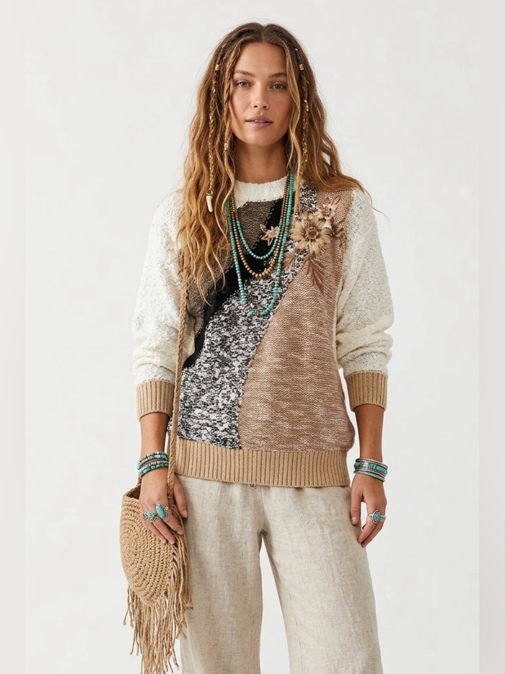 Boho Cottagecore Floral Sweater Embroidered Patchwork Beaded Popcorn Cozycore